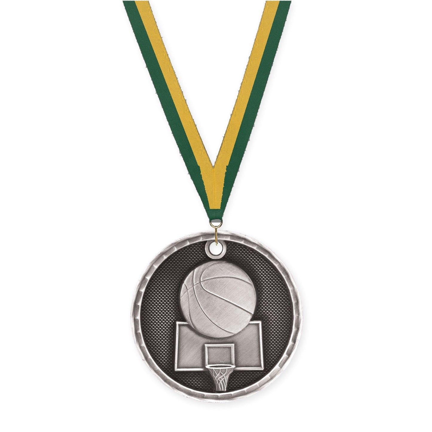 2 inch basketball 3-D medal in antique silver with Hunter Green Gold neck ribbon