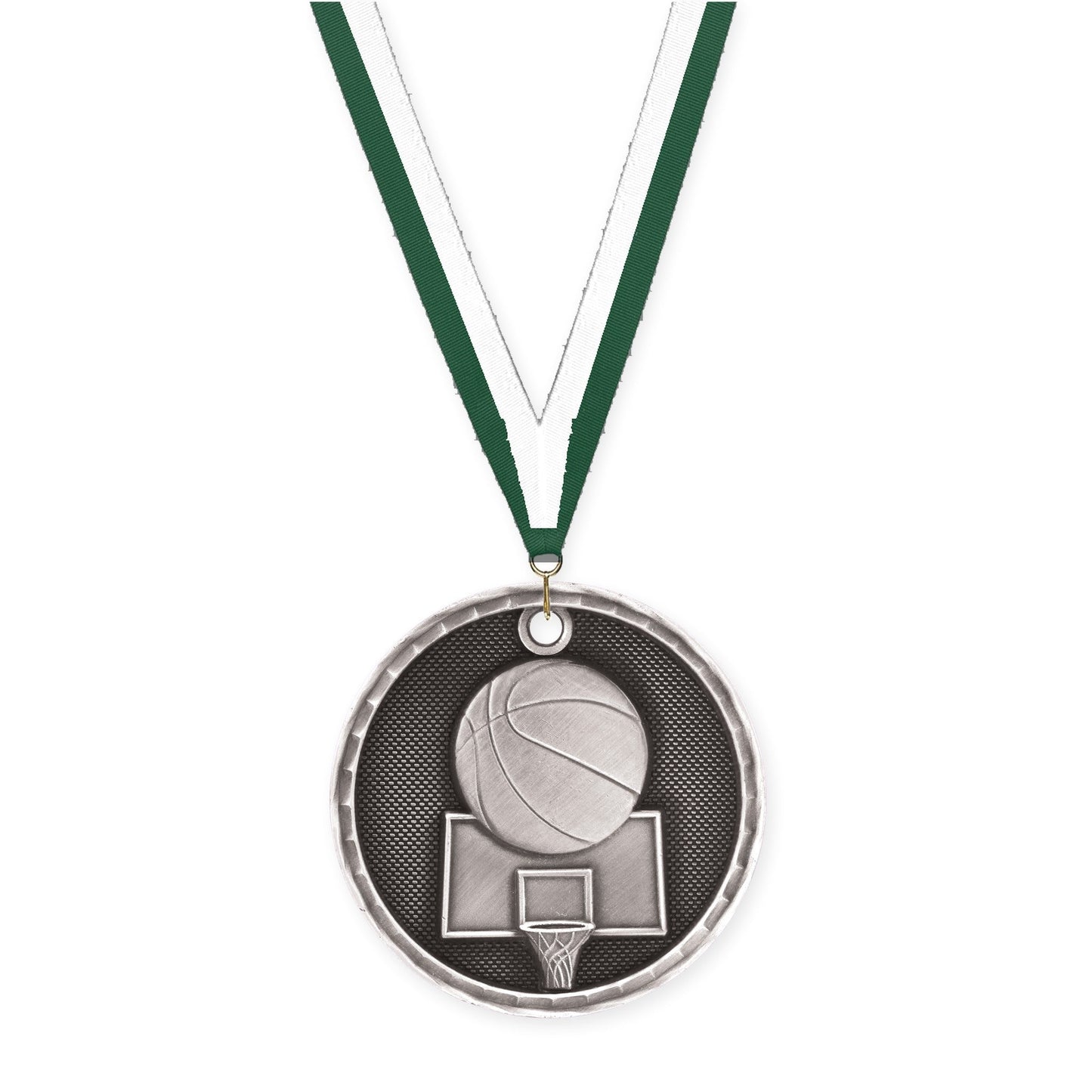 2 inch basketball 3-D medal in antique silver with Hunter Green White neck ribbon