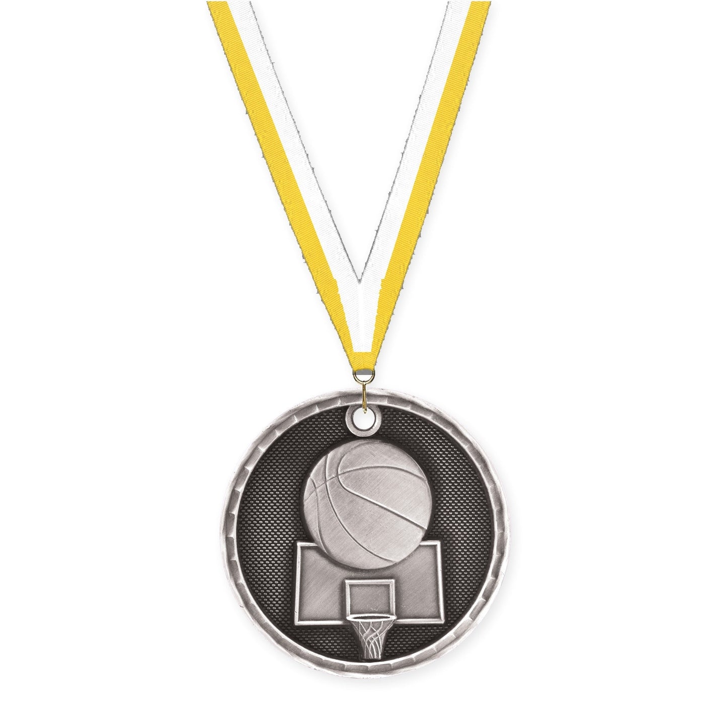 2 inch basketball 3-D medal in antique silver with Yellow White neck ribbon