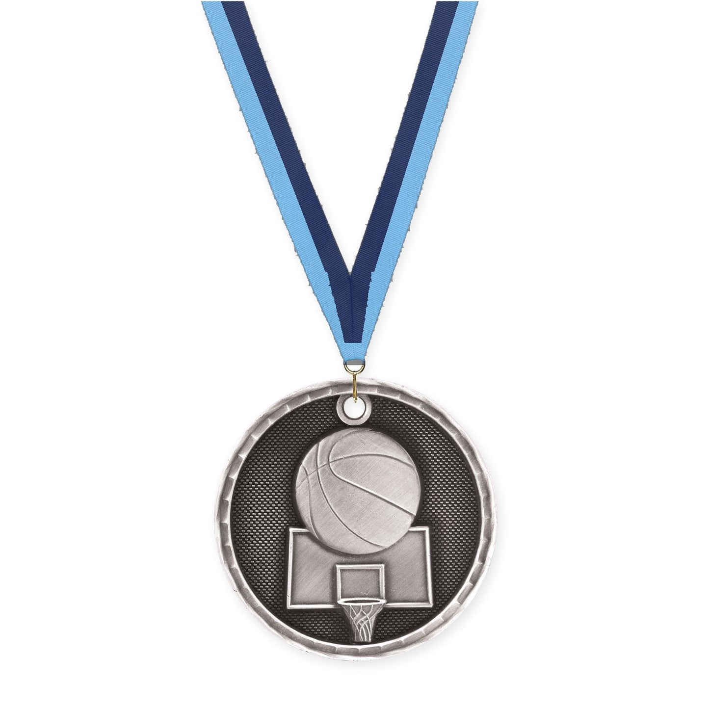 2 inch basketball 3-D medal in antique silver with Light Blue Navy neck ribbon