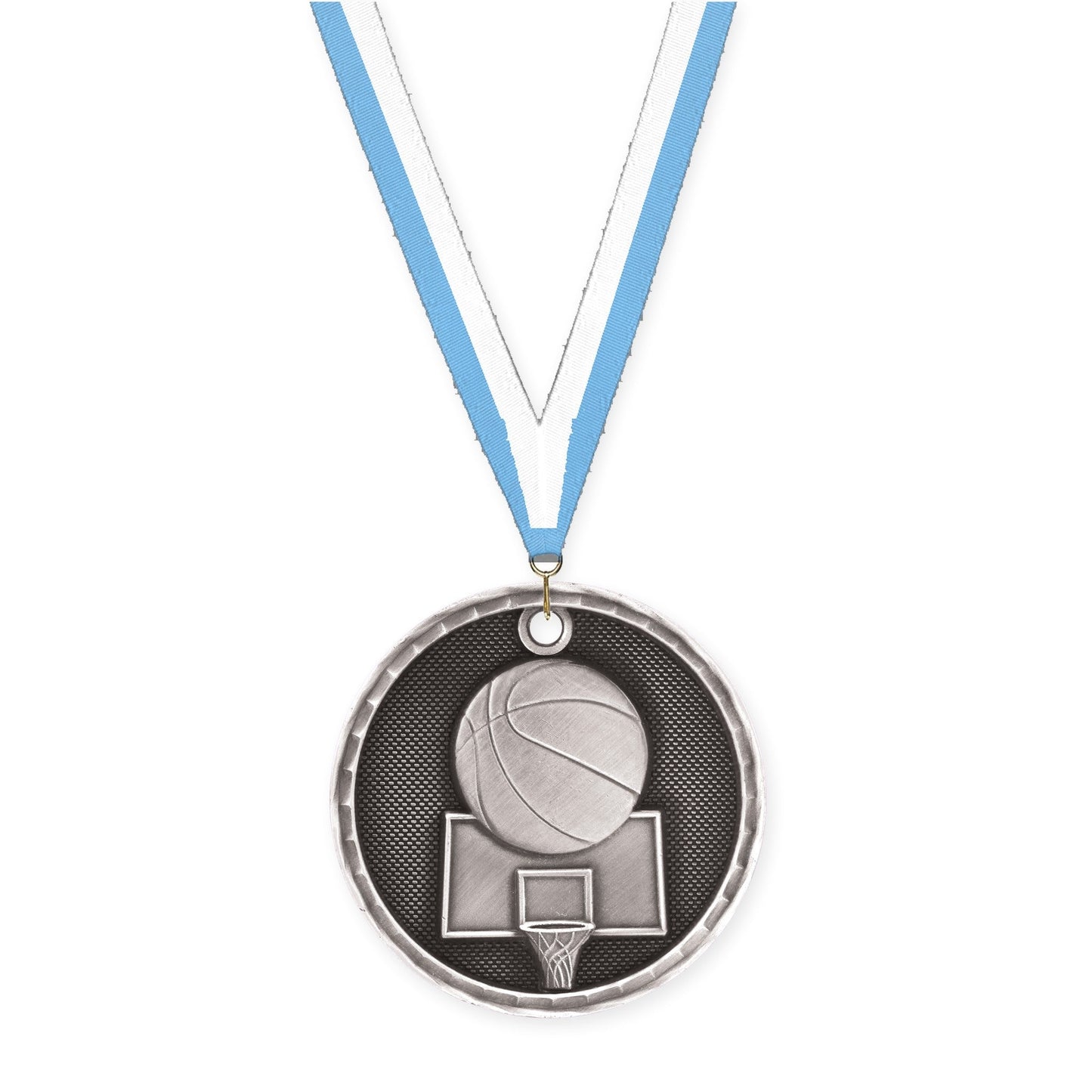 2 inch basketball 3-D medal in antique silver with Light Blue White neck ribbon