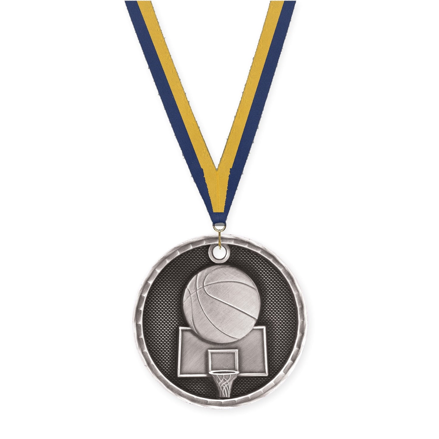 2 inch basketball 3-D medal in antique silver with Navy Gold neck ribbon