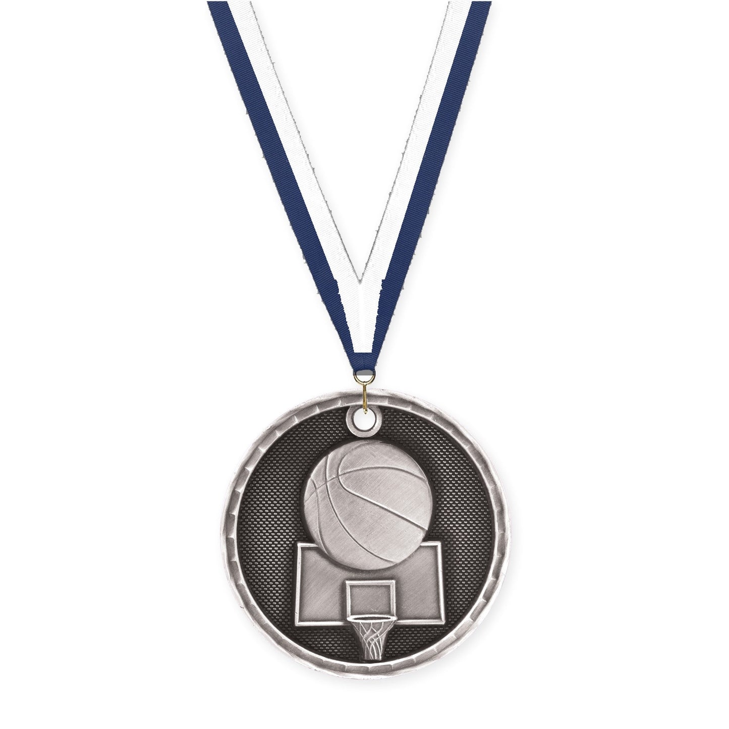 2 inch basketball 3-D medal in antique silver with Navy White neck ribbon