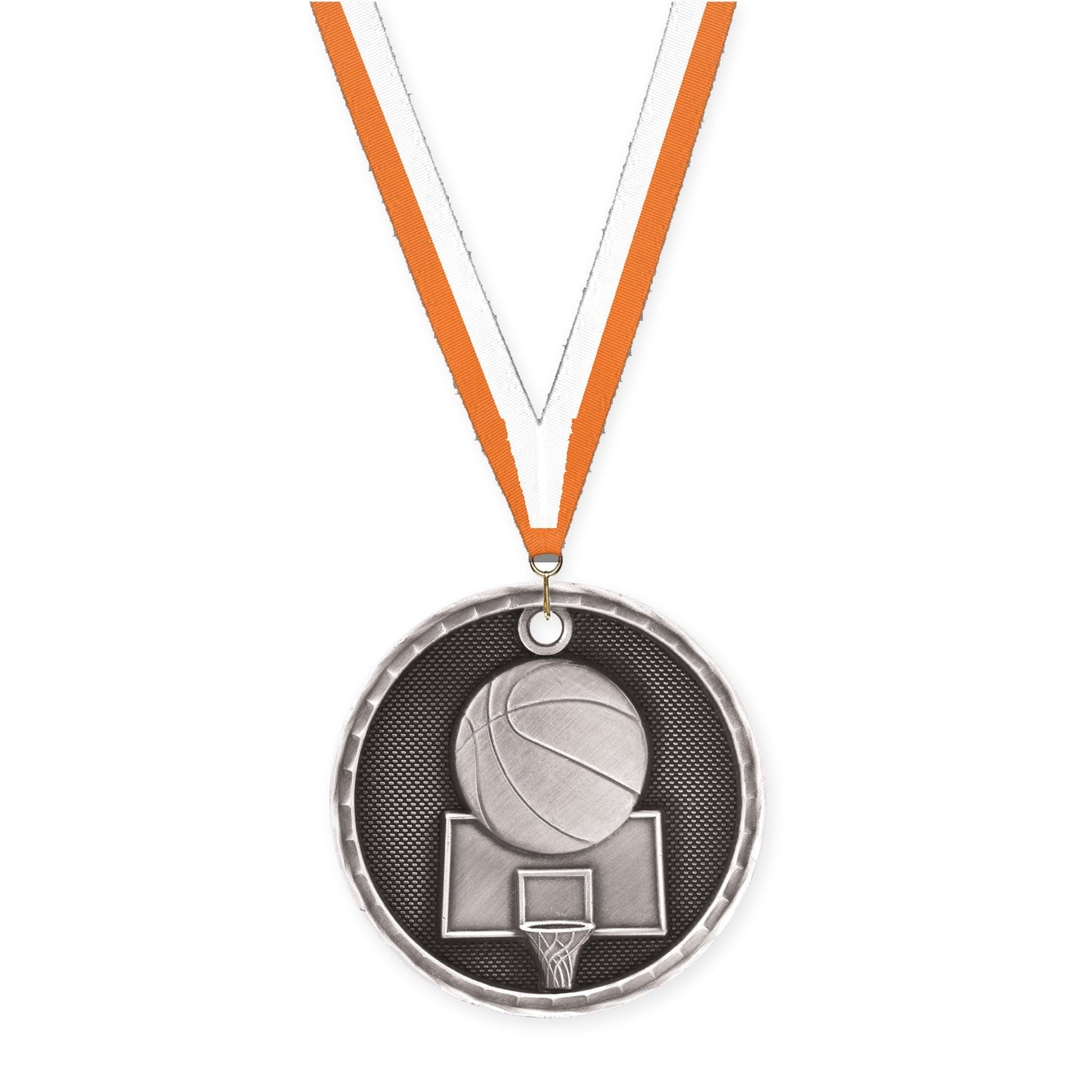 2 inch basketball 3-D medal in antique silver with Orange White neck ribbon