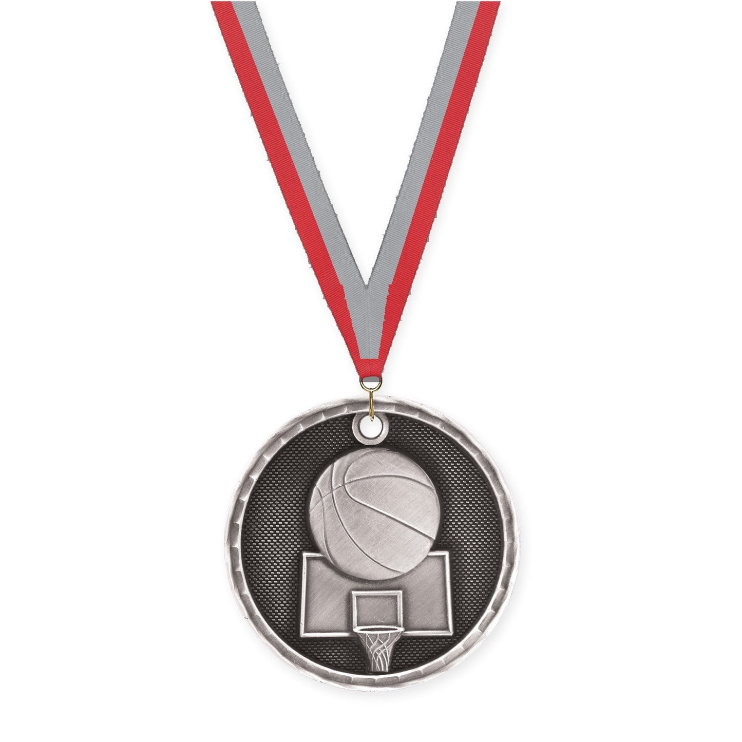 2 inch basketball 3-D medal in antique silver with Red Gray neck ribbon