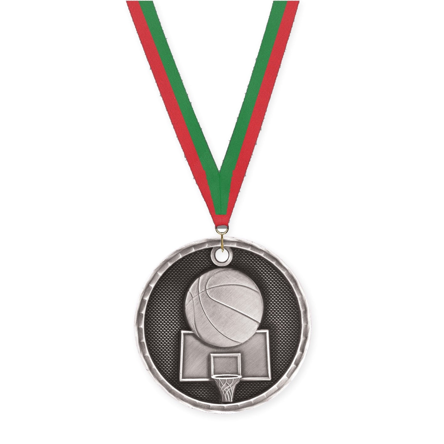 2 inch basketball 3-D medal in antique silver with Red Green neck ribbon