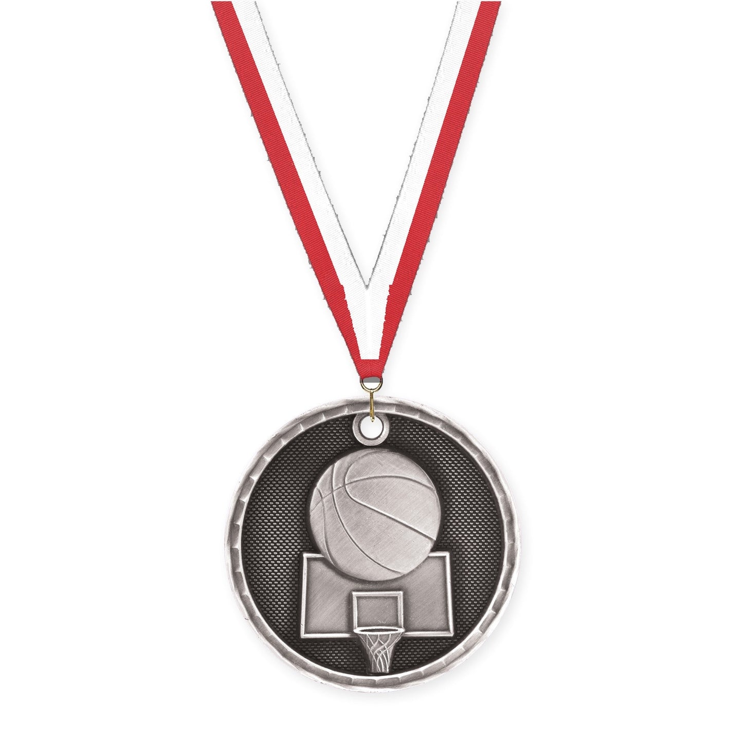 2 inch basketball 3-D medal in antique silver with Red White neck ribbon