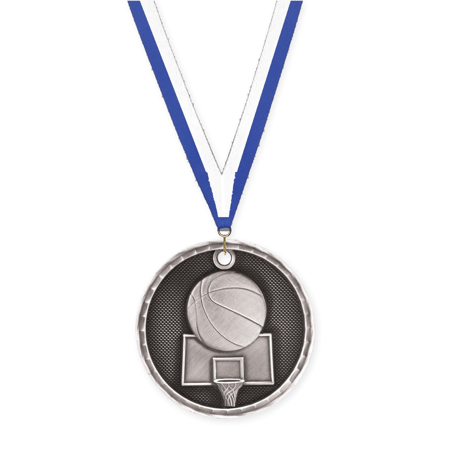 2 inch basketball 3-D medal in antique silver with Blue White neck ribbon