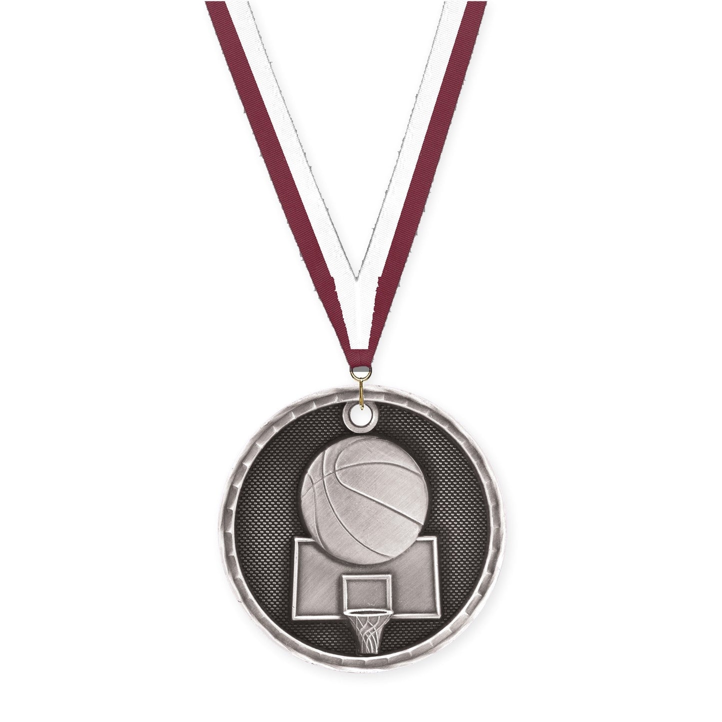 2 inch basketball 3-D medal in antique silver with Maroon White neck ribbon