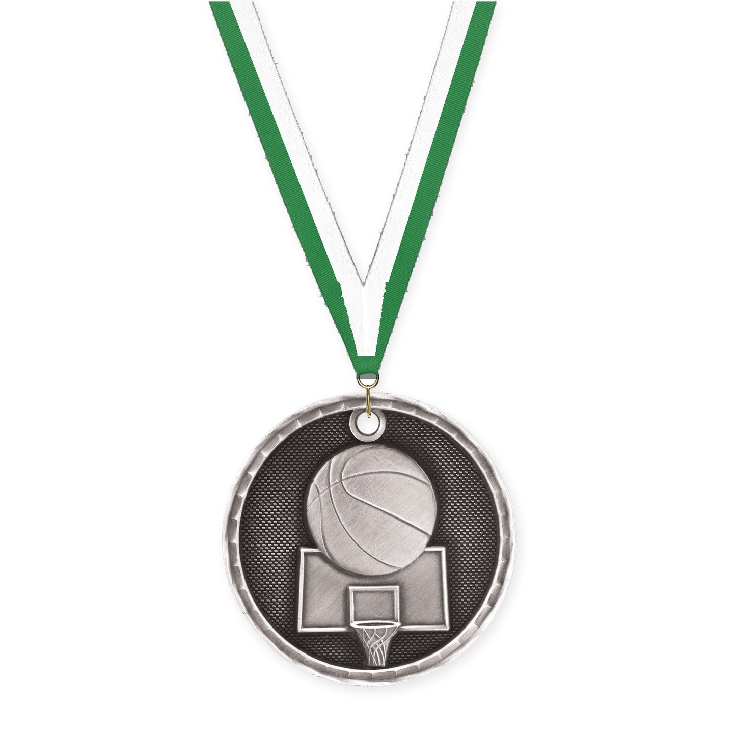 2 inch basketball 3-D medal in antique silver with Green White neck ribbon
