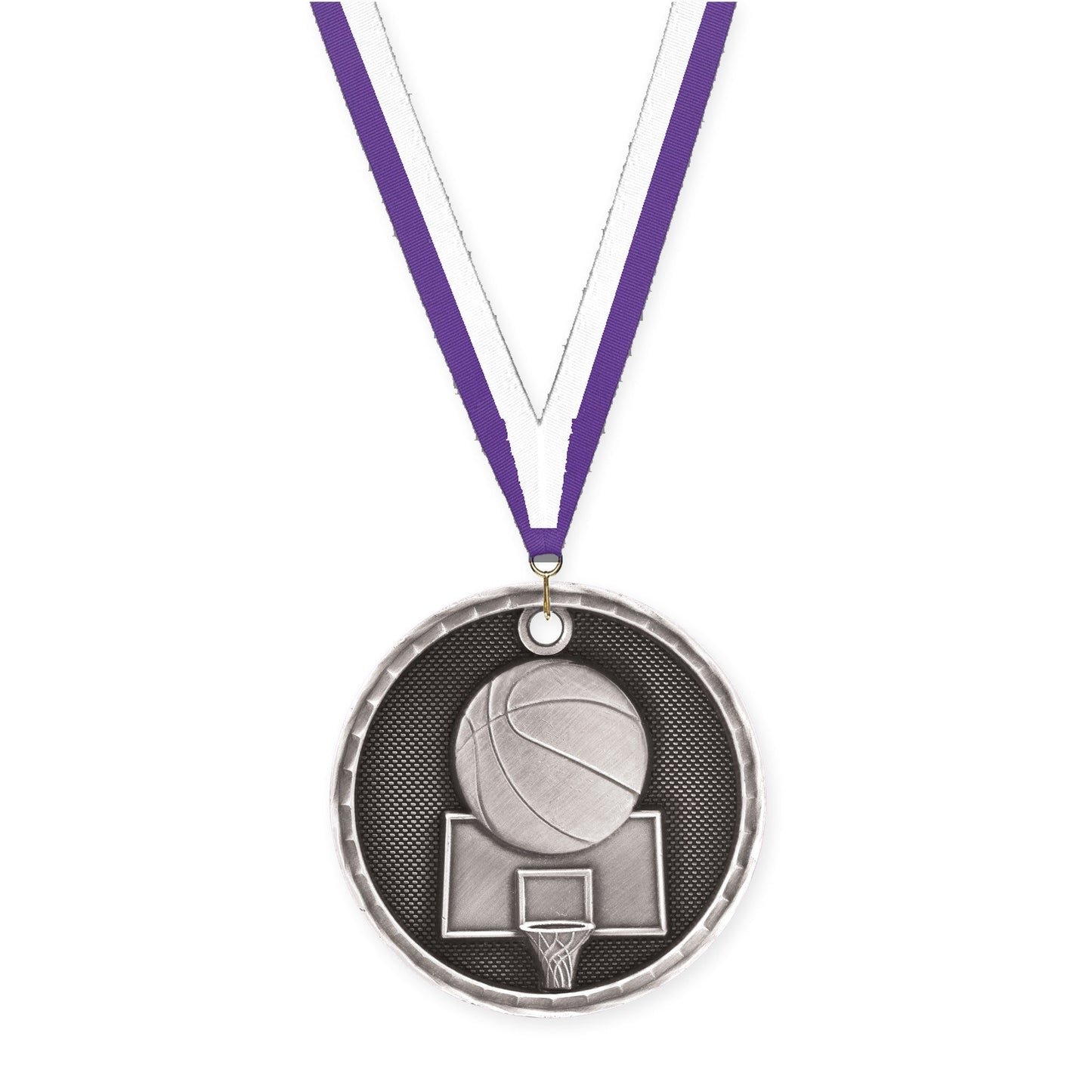 2 inch basketball 3-D medal in antique silver with Purple White neck ribbon
