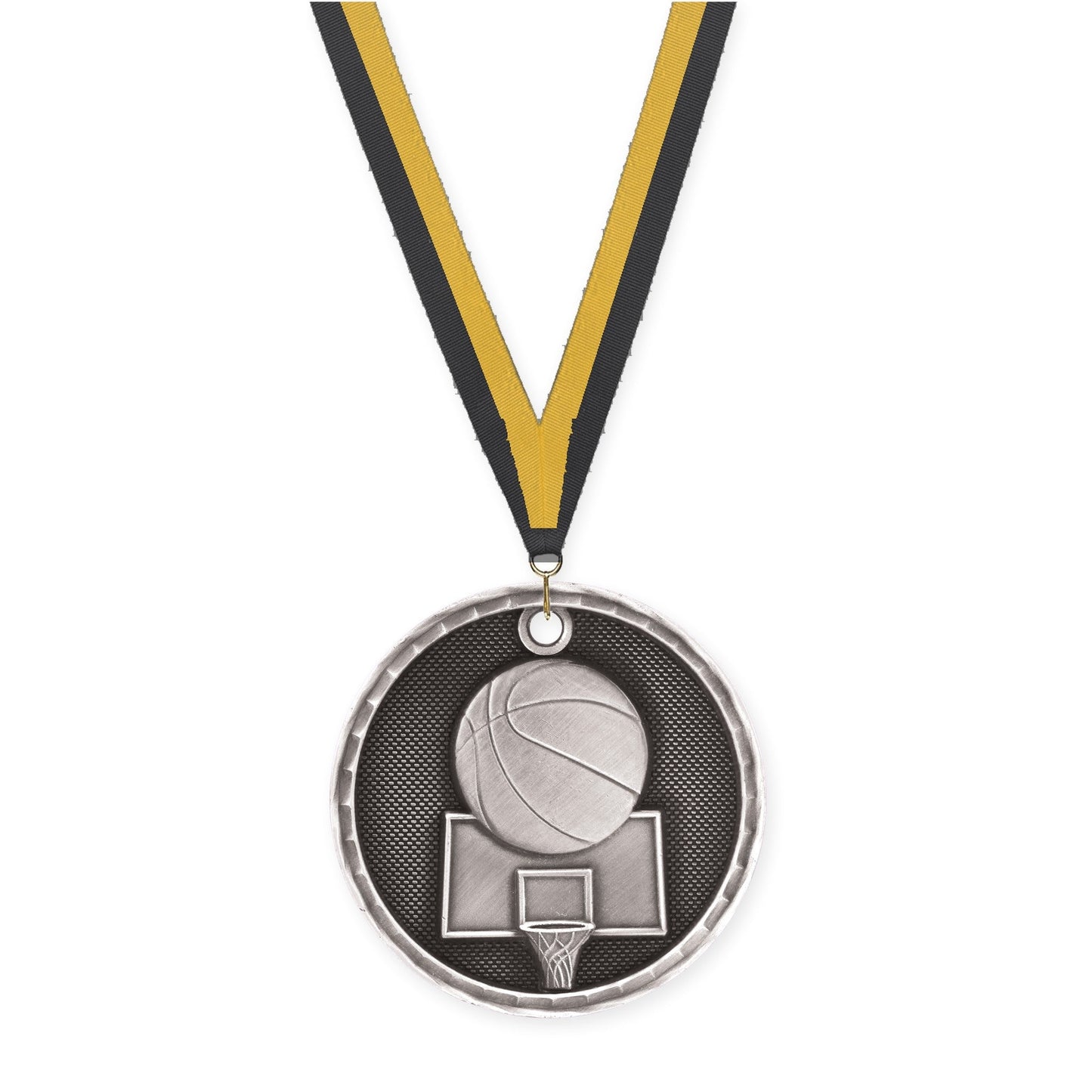 2 inch basketball 3-D medal in antique silver with Black Gold neck ribbon