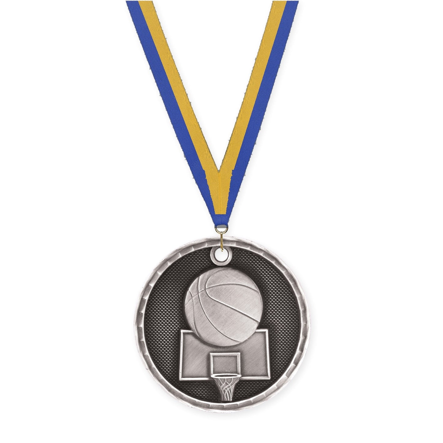 2 inch basketball 3-D medal in antique silver with Blue Gold neck ribbon