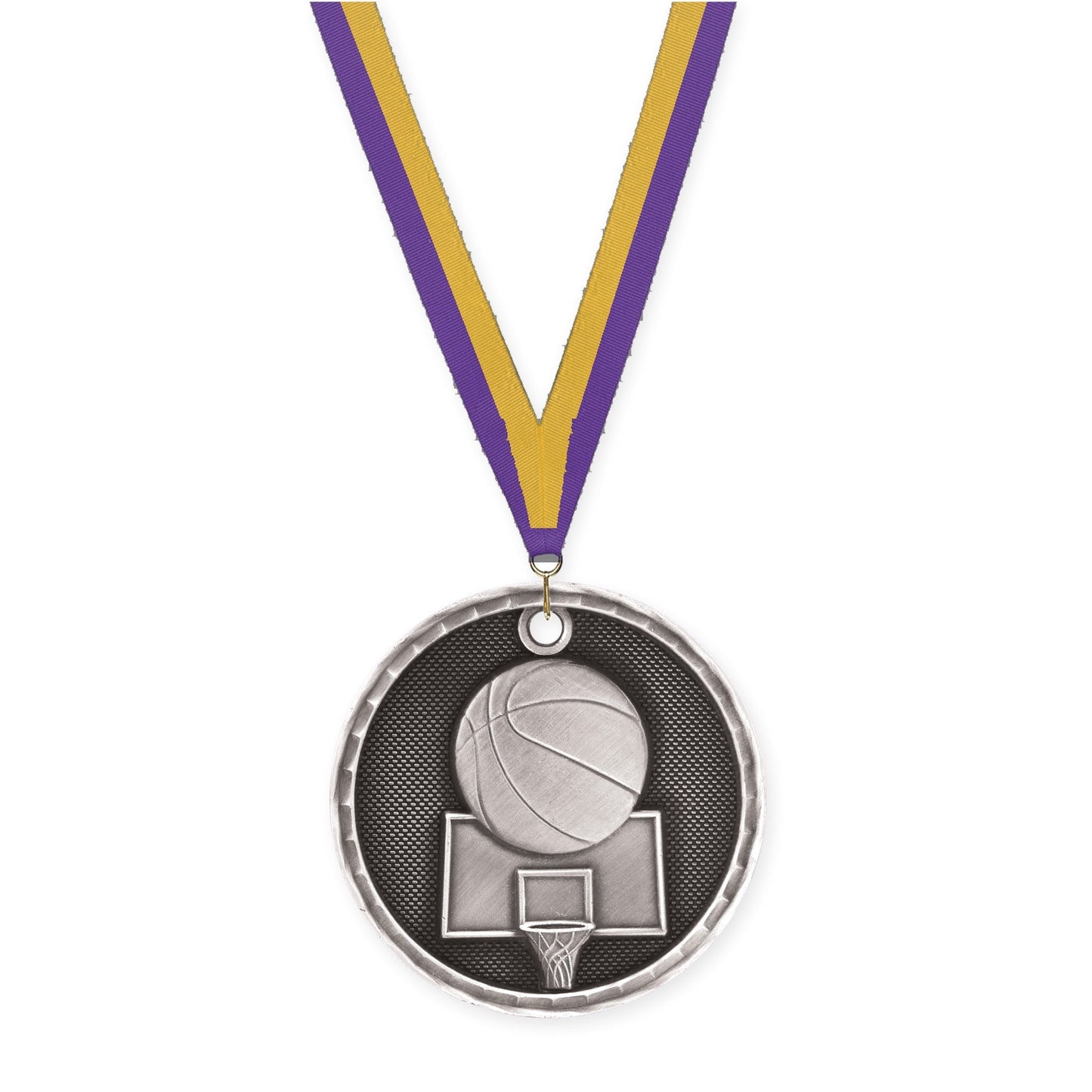 2 inch basketball 3-D medal in antique silver with Purple Gold neck ribbon