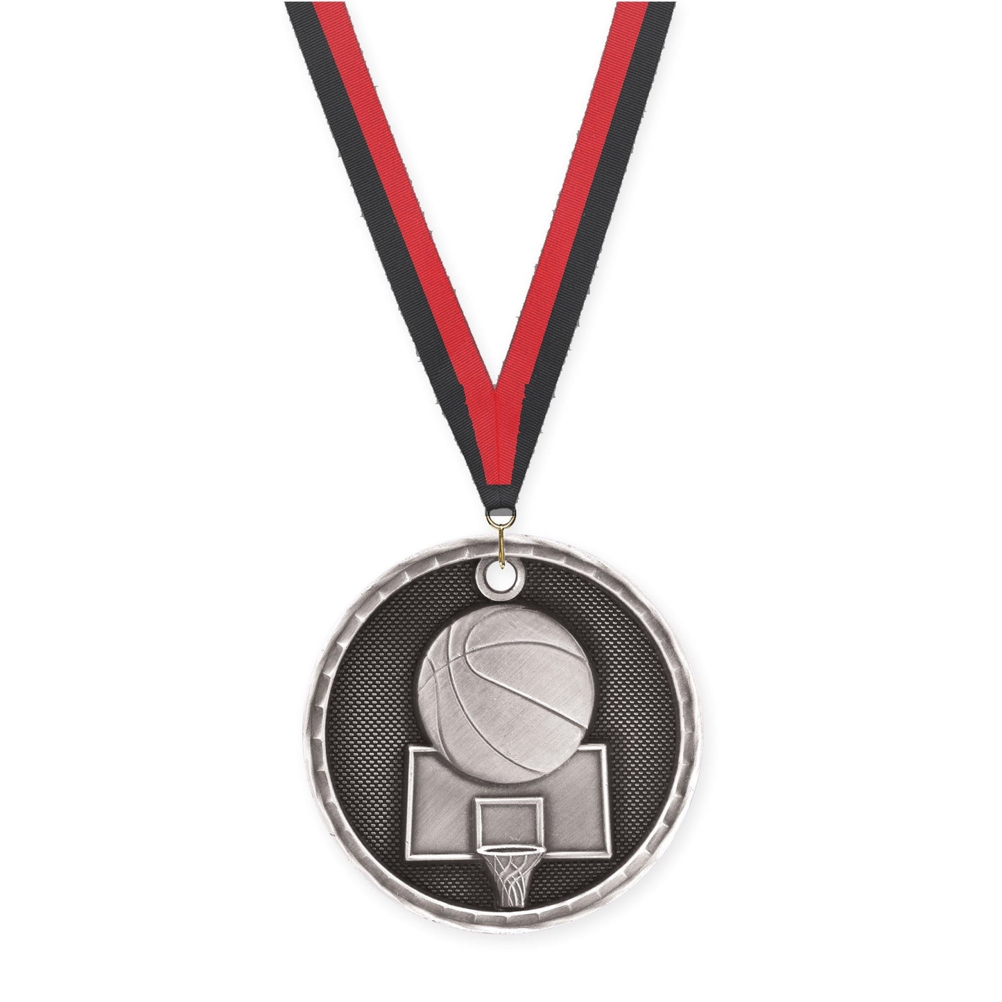 2 inch basketball 3-D medal in antique silver with Black Red neck ribbon