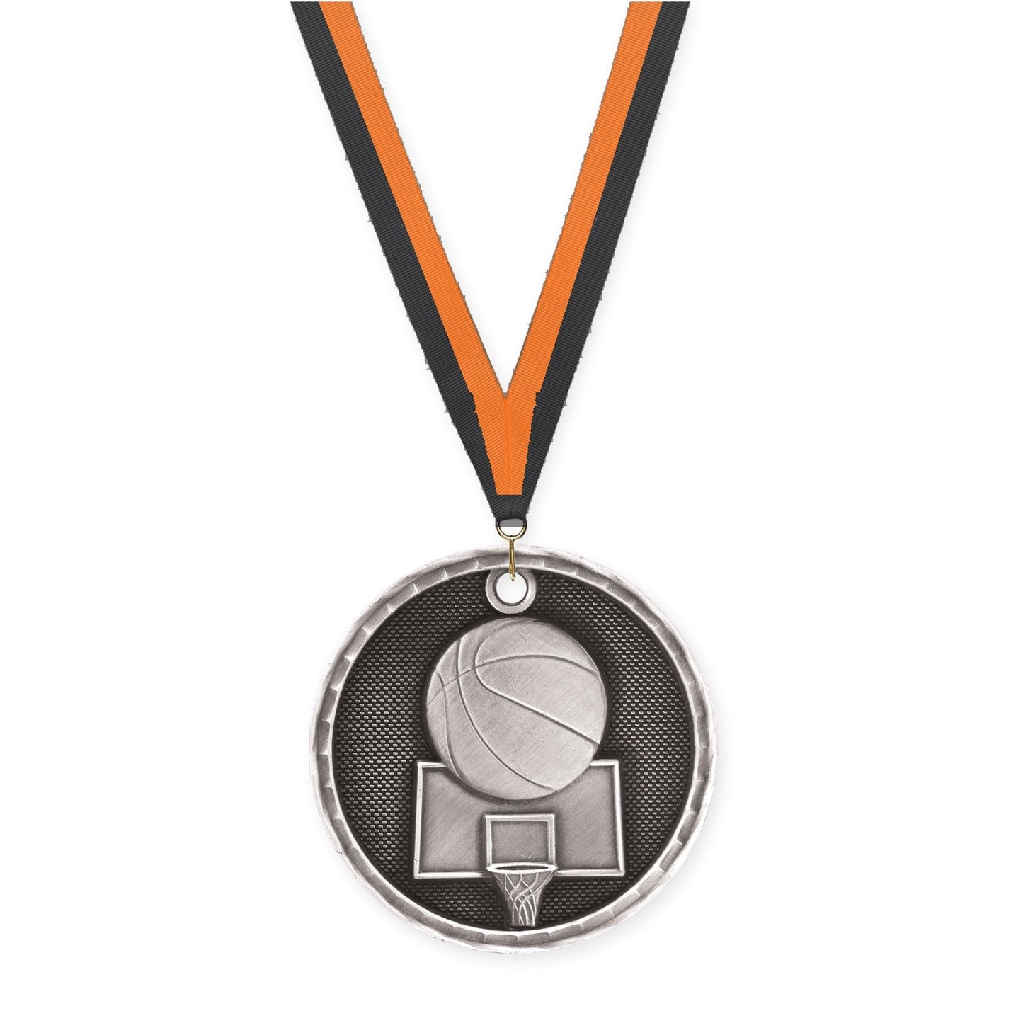 2 inch basketball 3-D medal in antique silver with Black Orange neck ribbon