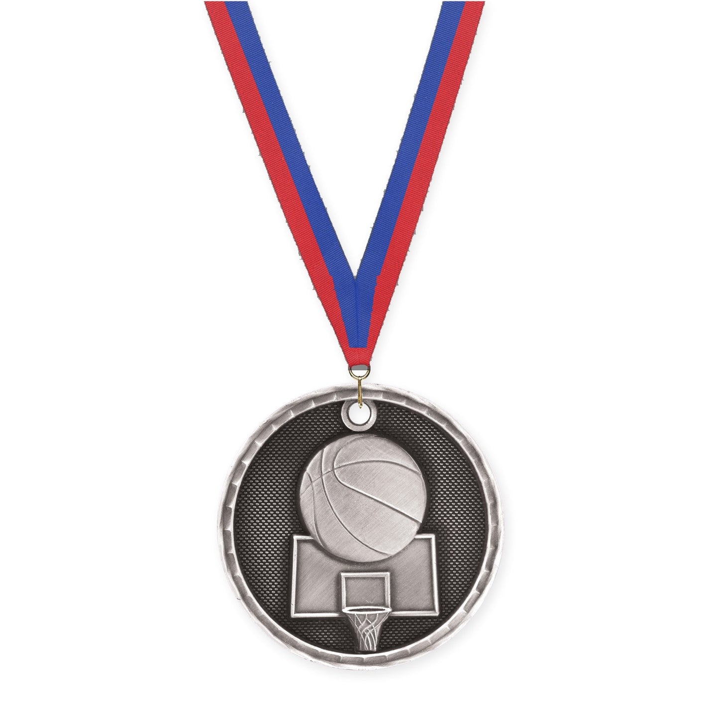 2 inch basketball 3-D medal in antique silver with Blue Red neck ribbon