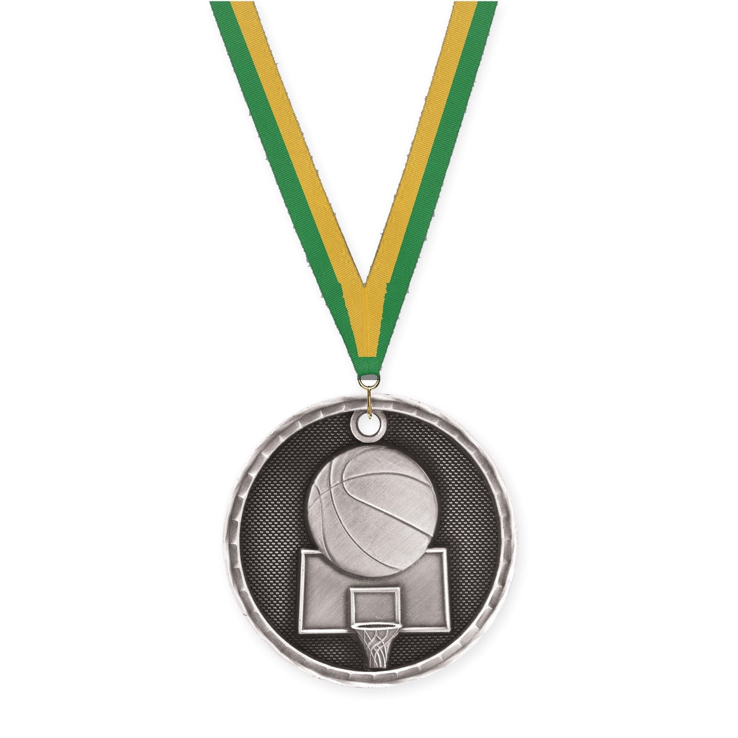 2 inch basketball 3-D medal in antique silver with Green Gold neck ribbon
