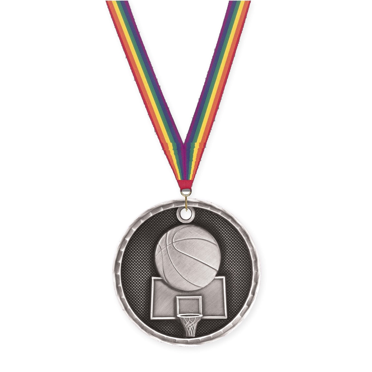2 inch basketball 3-D medal in antique silver with Rainbow neck ribbon