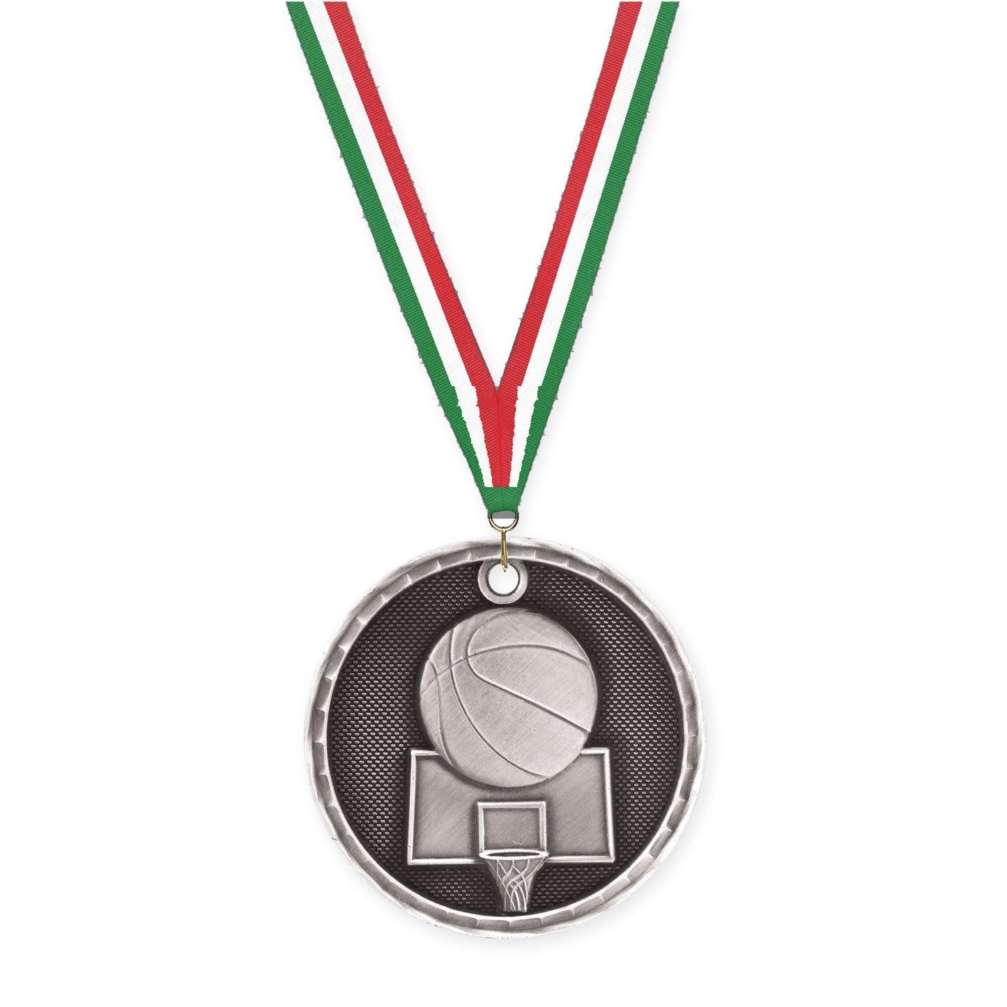 2 inch basketball 3-D medal in antique silver with Green White Red neck ribbon