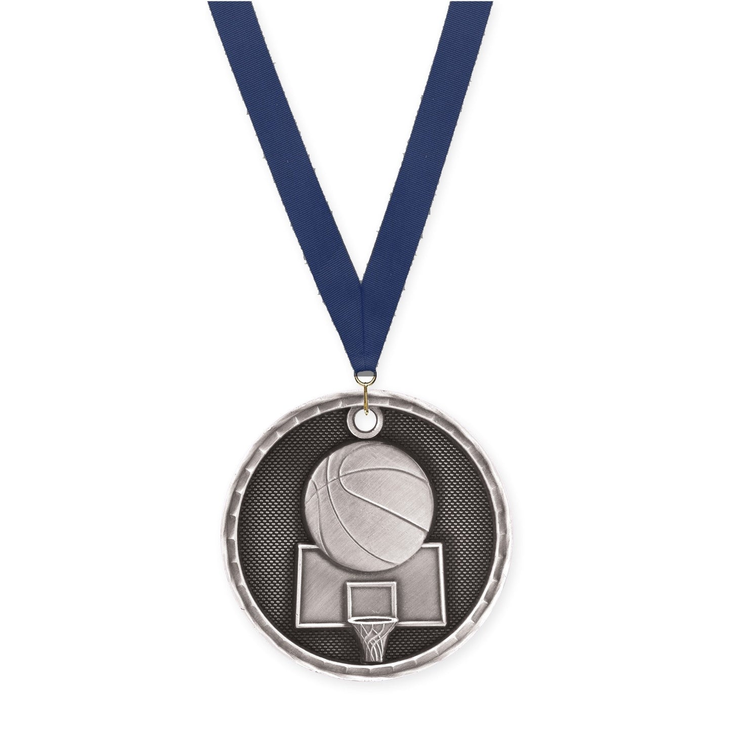 2 inch basketball 3-D medal in antique silver with Navy neck ribbon