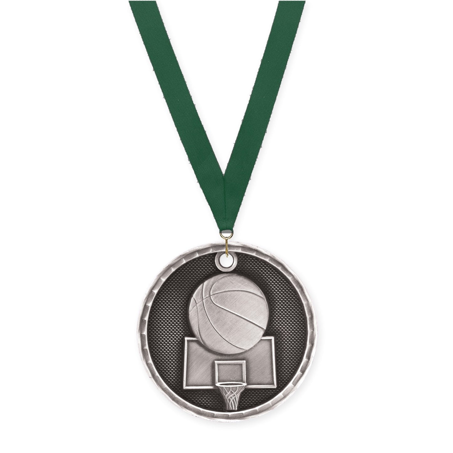 2 inch basketball 3-D medal in antique silver with Hunter Green neck ribbon
