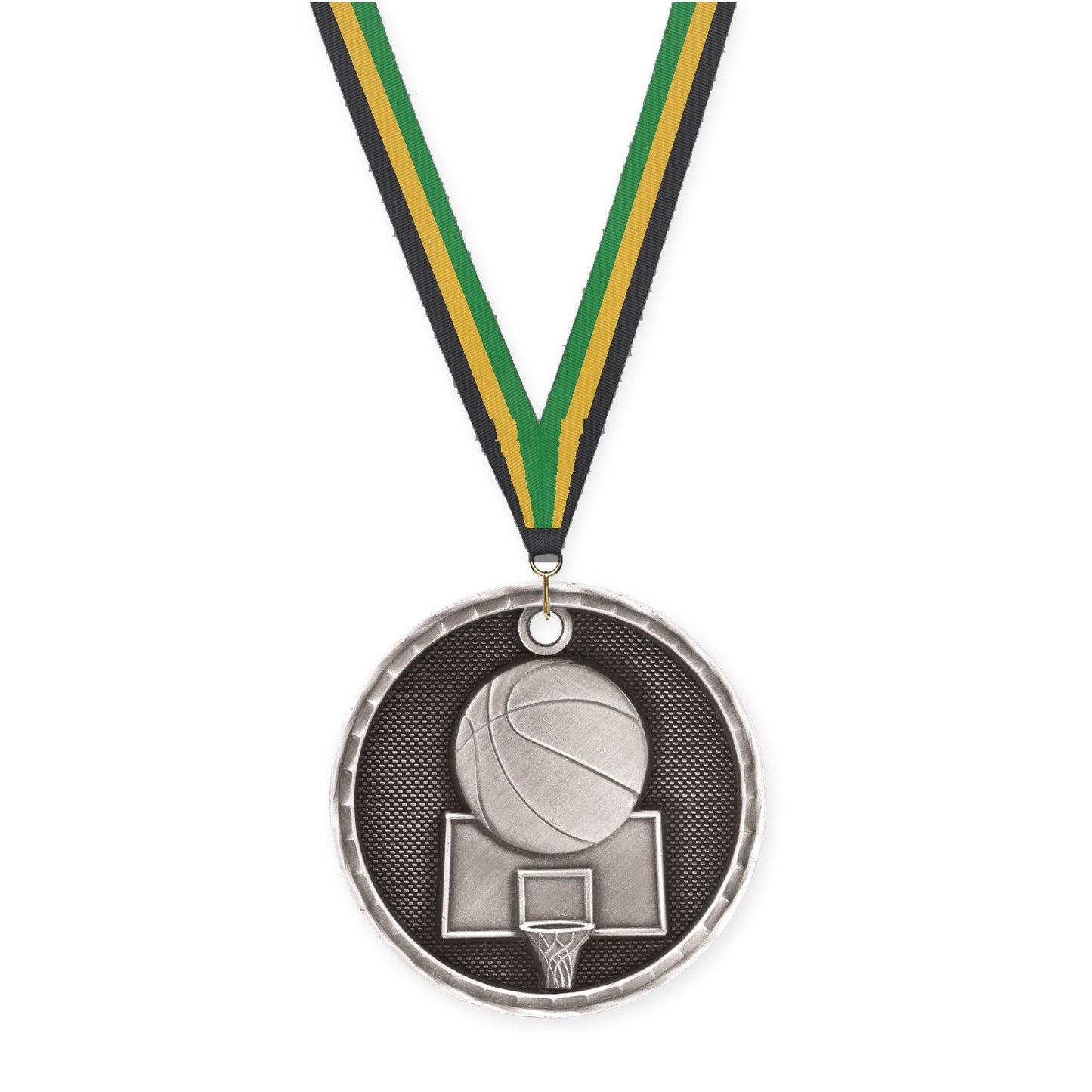 2 inch basketball 3-D medal in antique silver with Black Gold Green neck ribbon