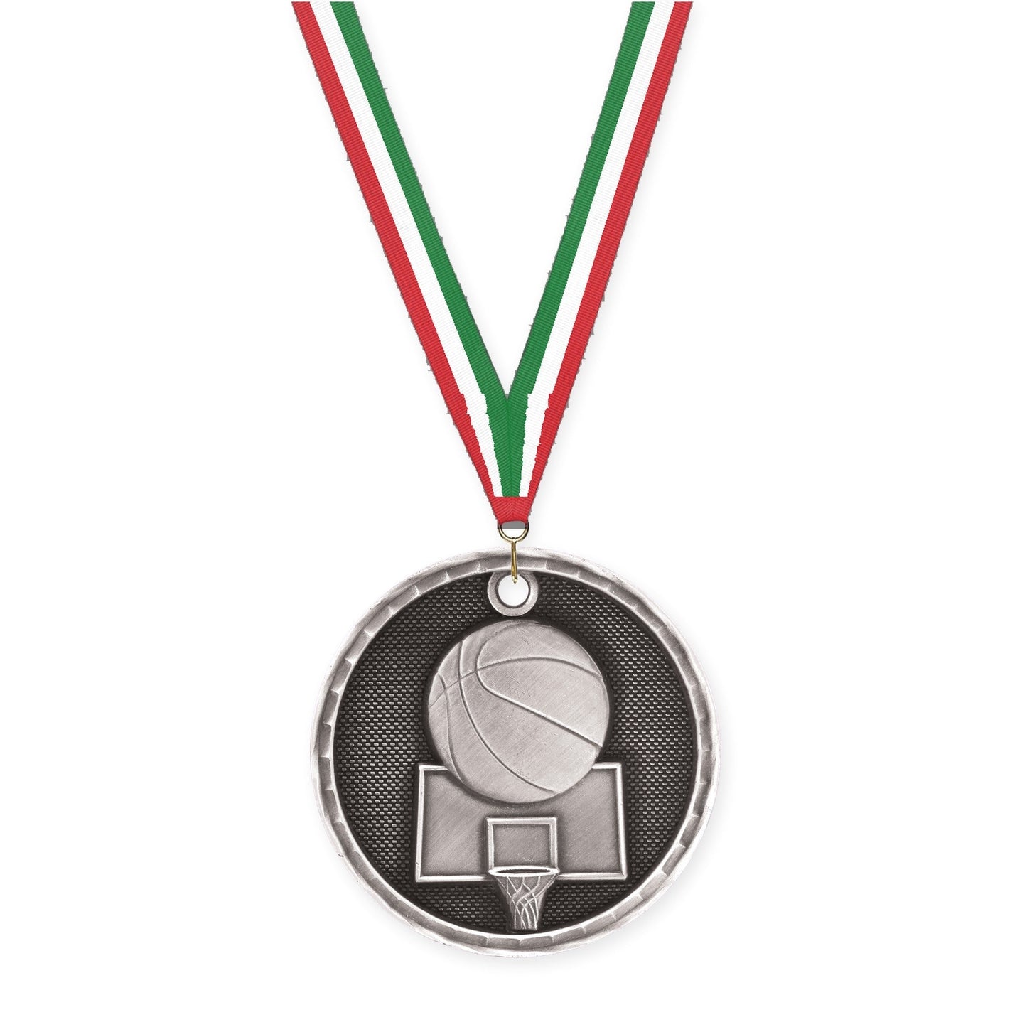 2 inch basketball 3-D medal in antique silver with Red White Green neck ribbon
