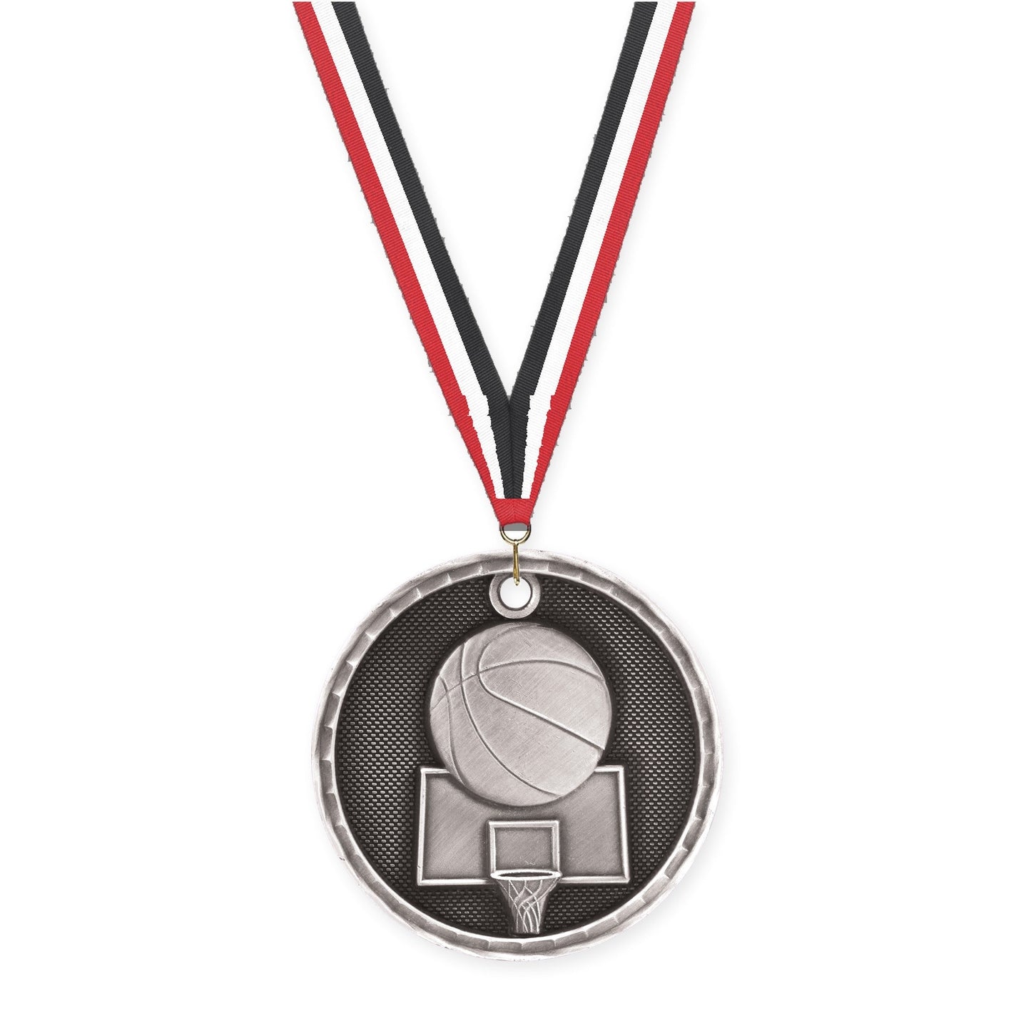 2 inch basketball 3-D medal in antique silver with Red White Black neck ribbon