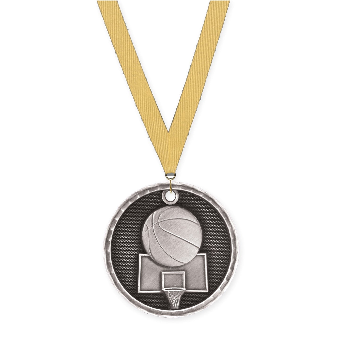 2 inch basketball 3-D medal in antique silver with Gold Metallic neck ribbon