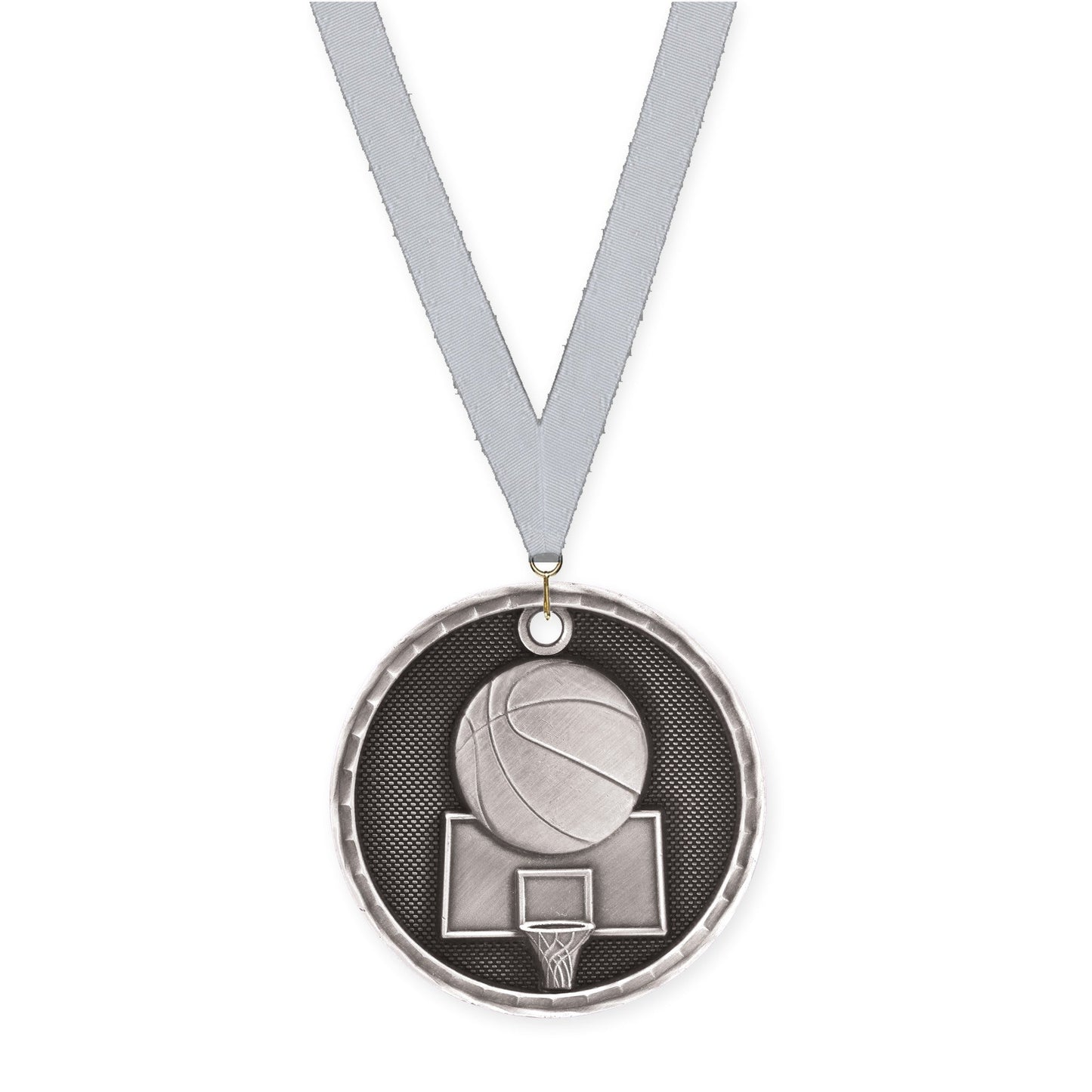 2 inch basketball 3-D medal in antique silver with Silver Metallic neck ribbon