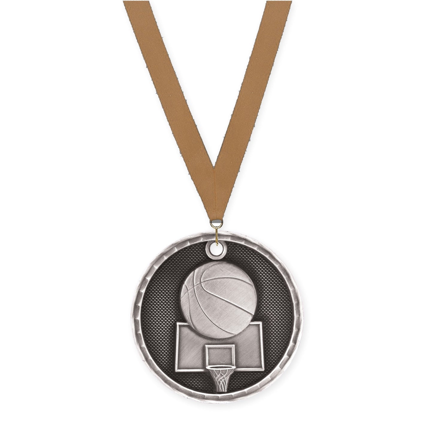 2 inch basketball 3-D medal in antique silver with Bronze Metallic neck ribbon