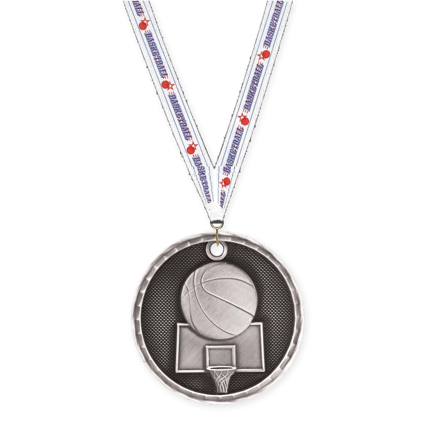 2 inch basketball 3-D medal in antique silver with Basketball neck ribbon