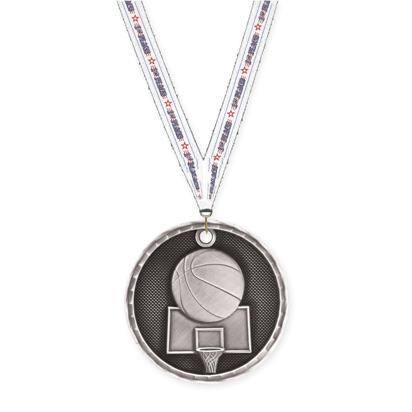 2 inch basketball 3-D medal in antique silver with 1st Place neck ribbon