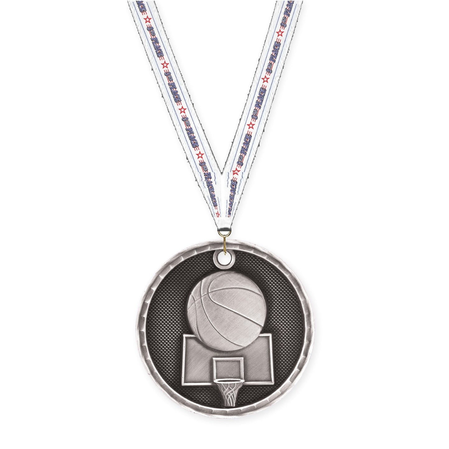2 inch basketball 3-D medal in antique silver with 3rd Place neck ribbon