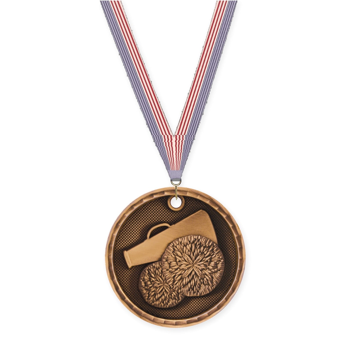 2 inch cheerleading 3-D medal in antique bronze with USA Flag neck ribbon
