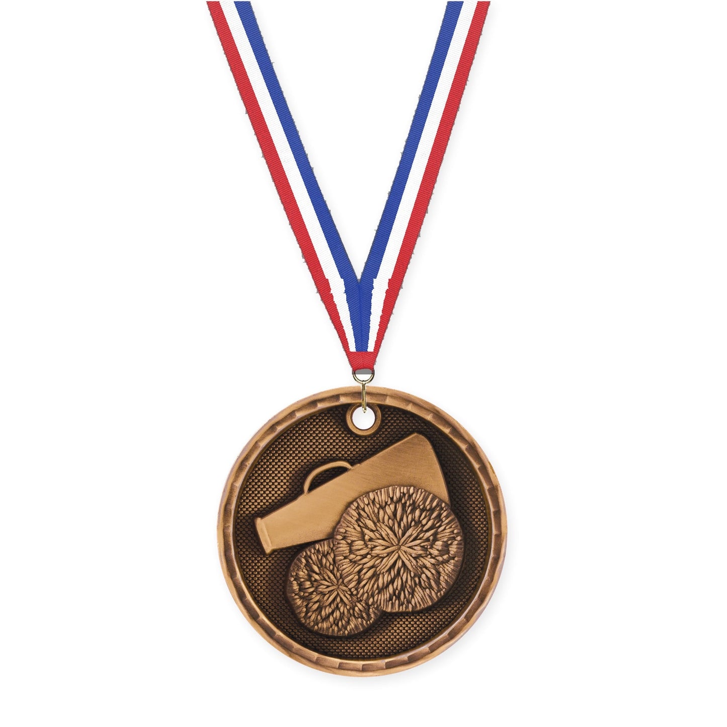 2 inch cheerleading 3-D medal in antique bronze with Red White Blue neck ribbon