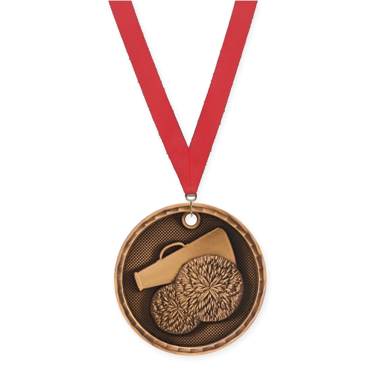 2 inch cheerleading 3-D medal in antique bronze with Red neck ribbon