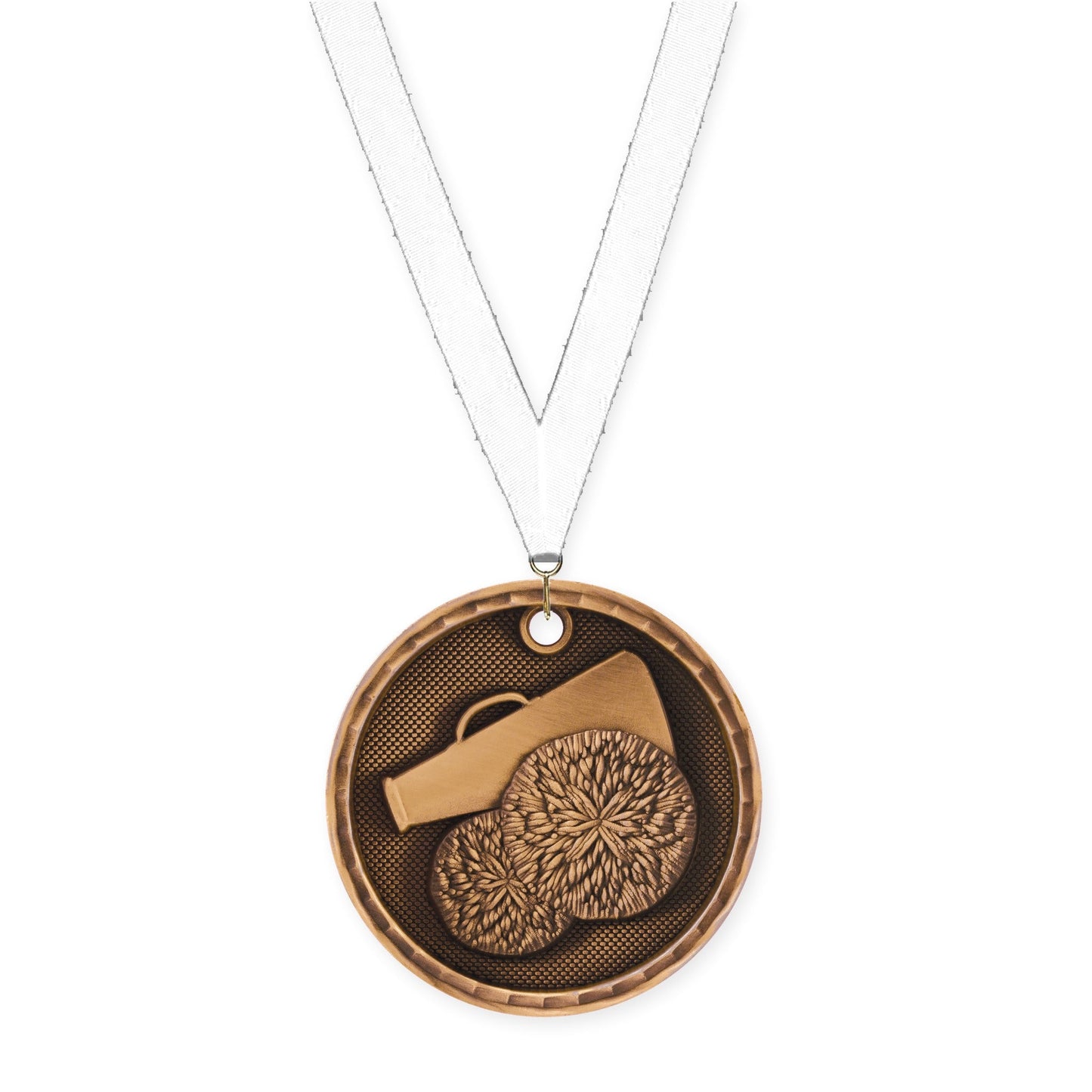 2 inch cheerleading 3-D medal in antique bronze with White neck ribbon