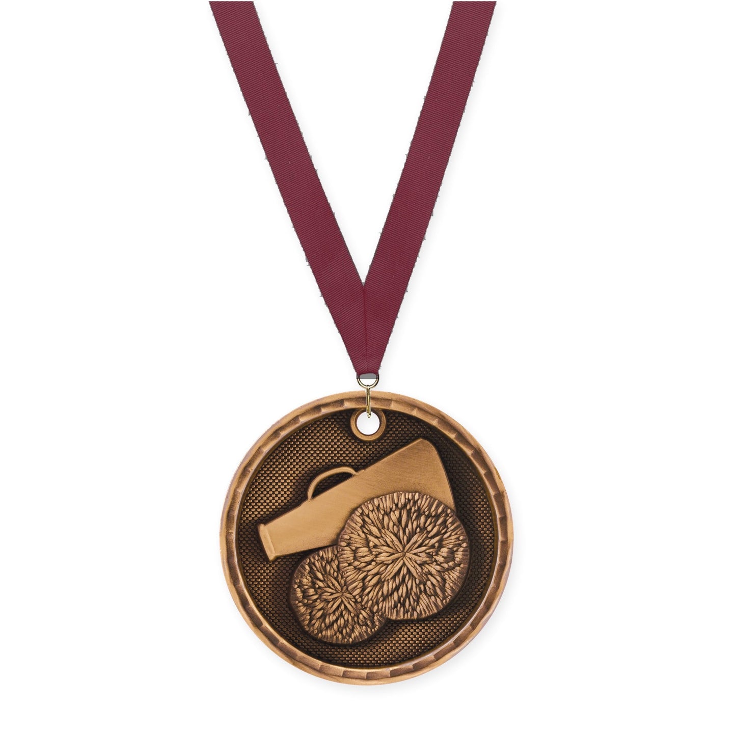 2 inch cheerleading 3-D medal in antique bronze with Maroon neck ribbon