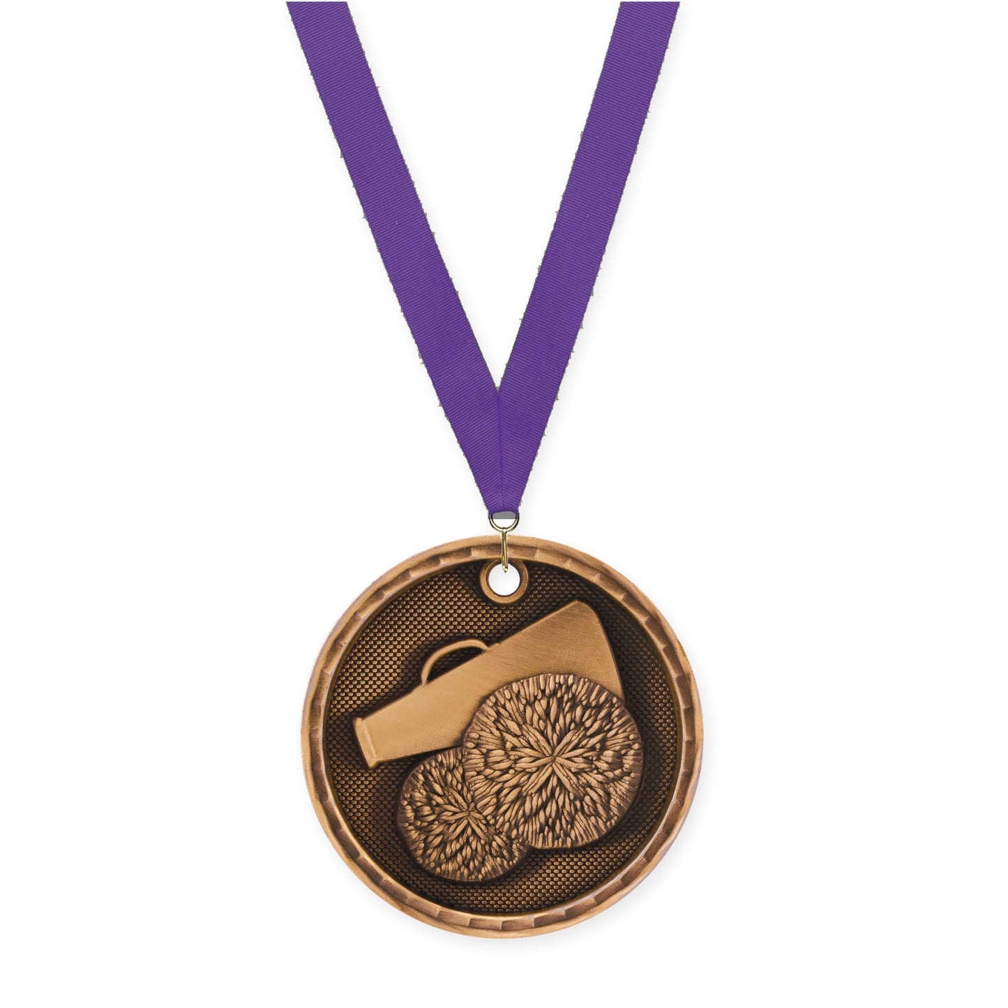 2 inch cheerleading 3-D medal in antique bronze with Purple neck ribbon