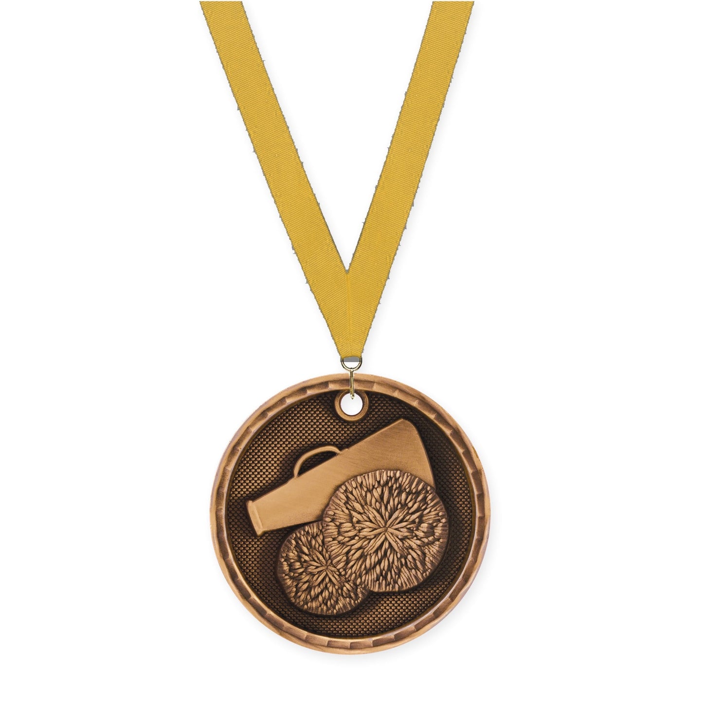 2 inch cheerleading 3-D medal in antique bronze with Gold neck ribbon