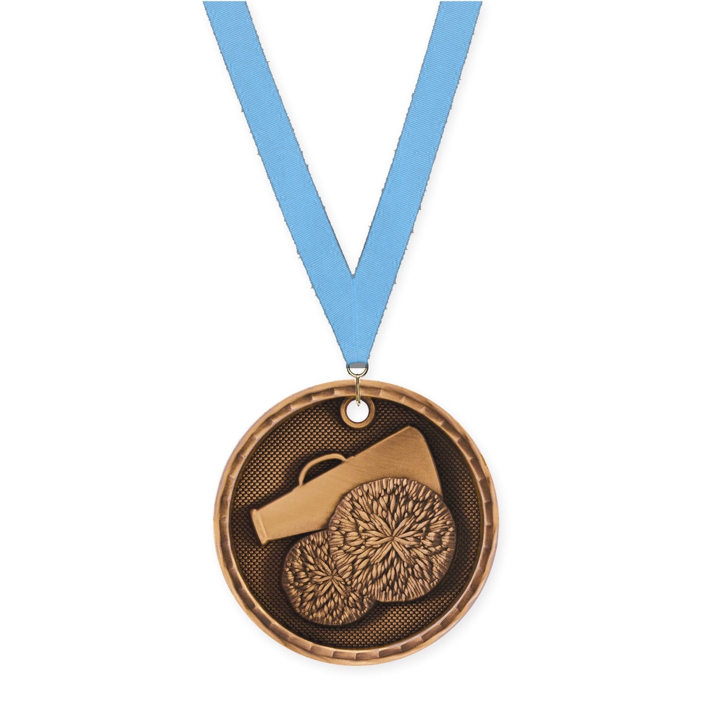 2 inch cheerleading 3-D medal in antique bronze with Light Blue neck ribbon