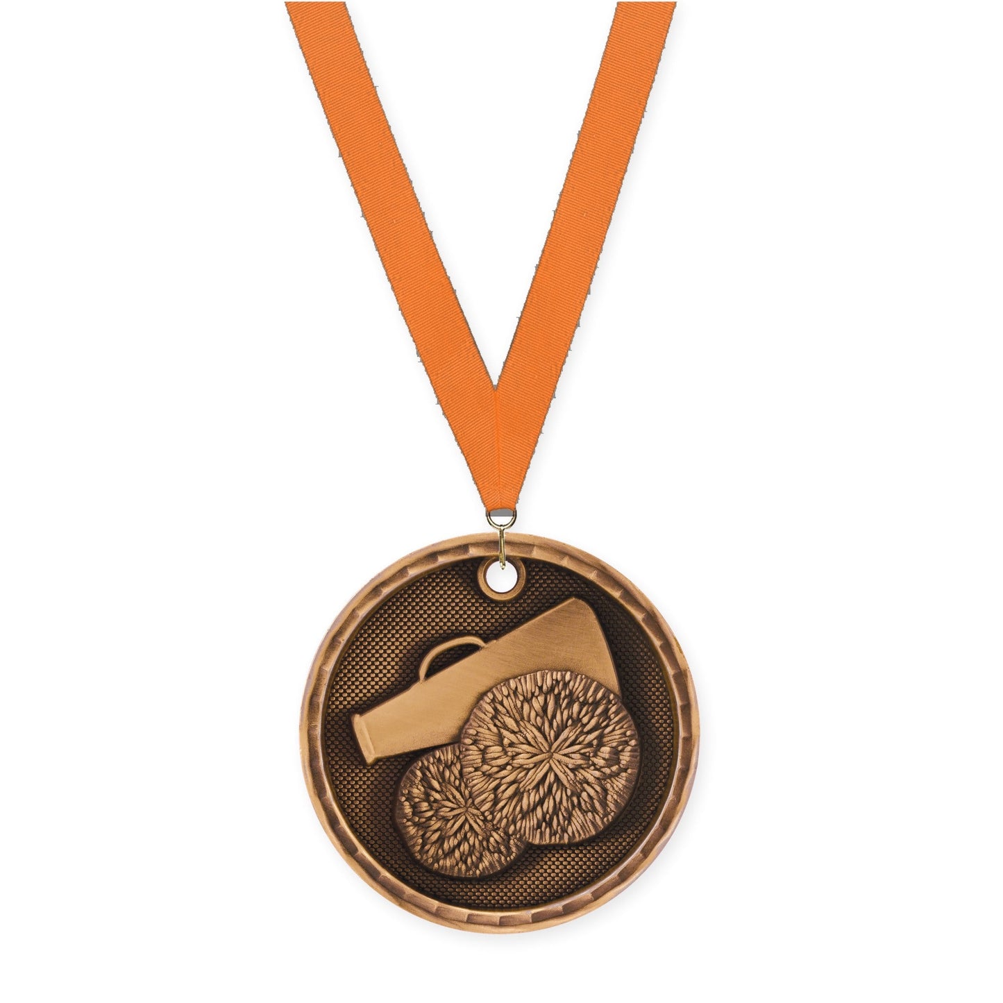2 inch cheerleading 3-D medal in antique bronze with Orange neck ribbon