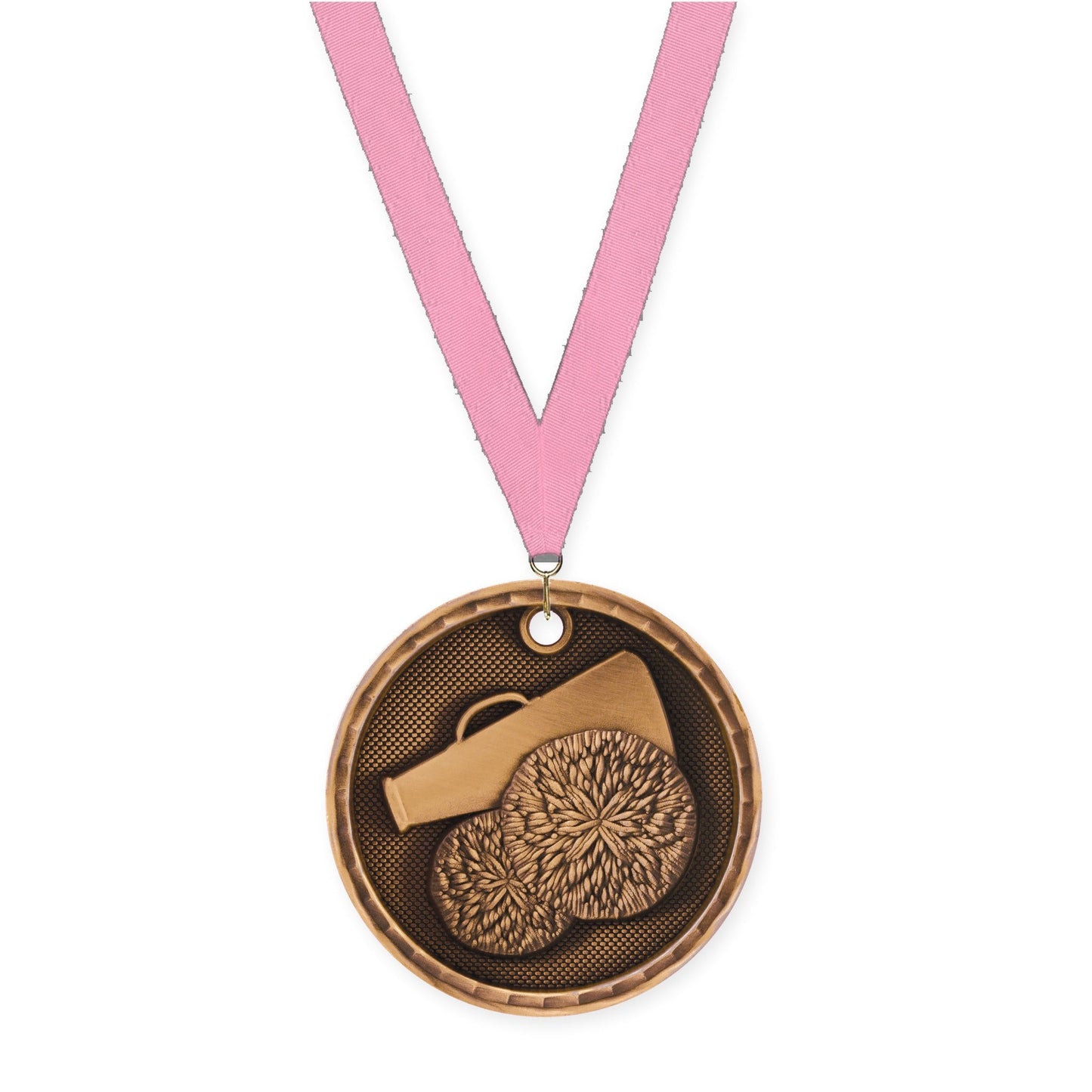 2 inch cheerleading 3-D medal in antique bronze with Pink neck ribbon