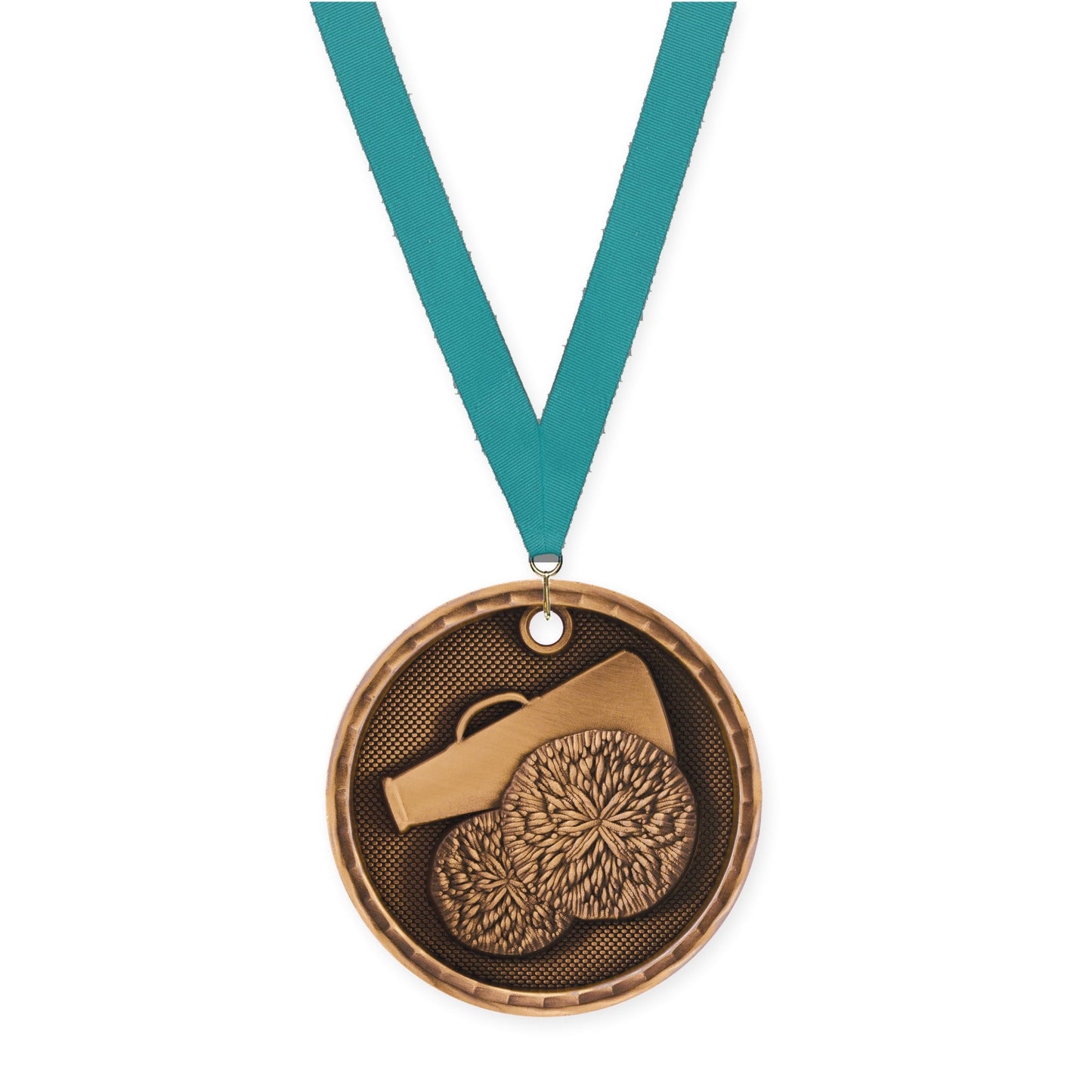 2 inch cheerleading 3-D medal in antique bronze with Teal neck ribbon