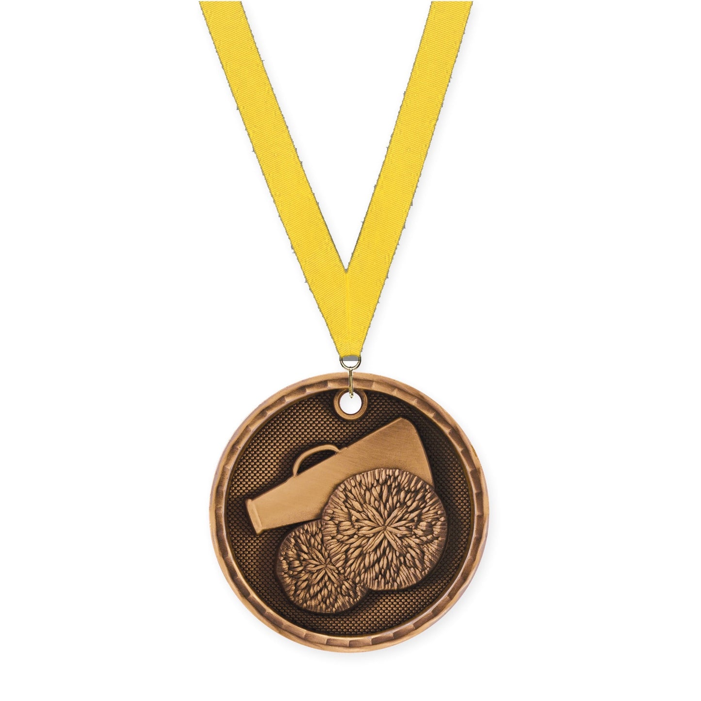 2 inch cheerleading 3-D medal in antique bronze with Yellow neck ribbon