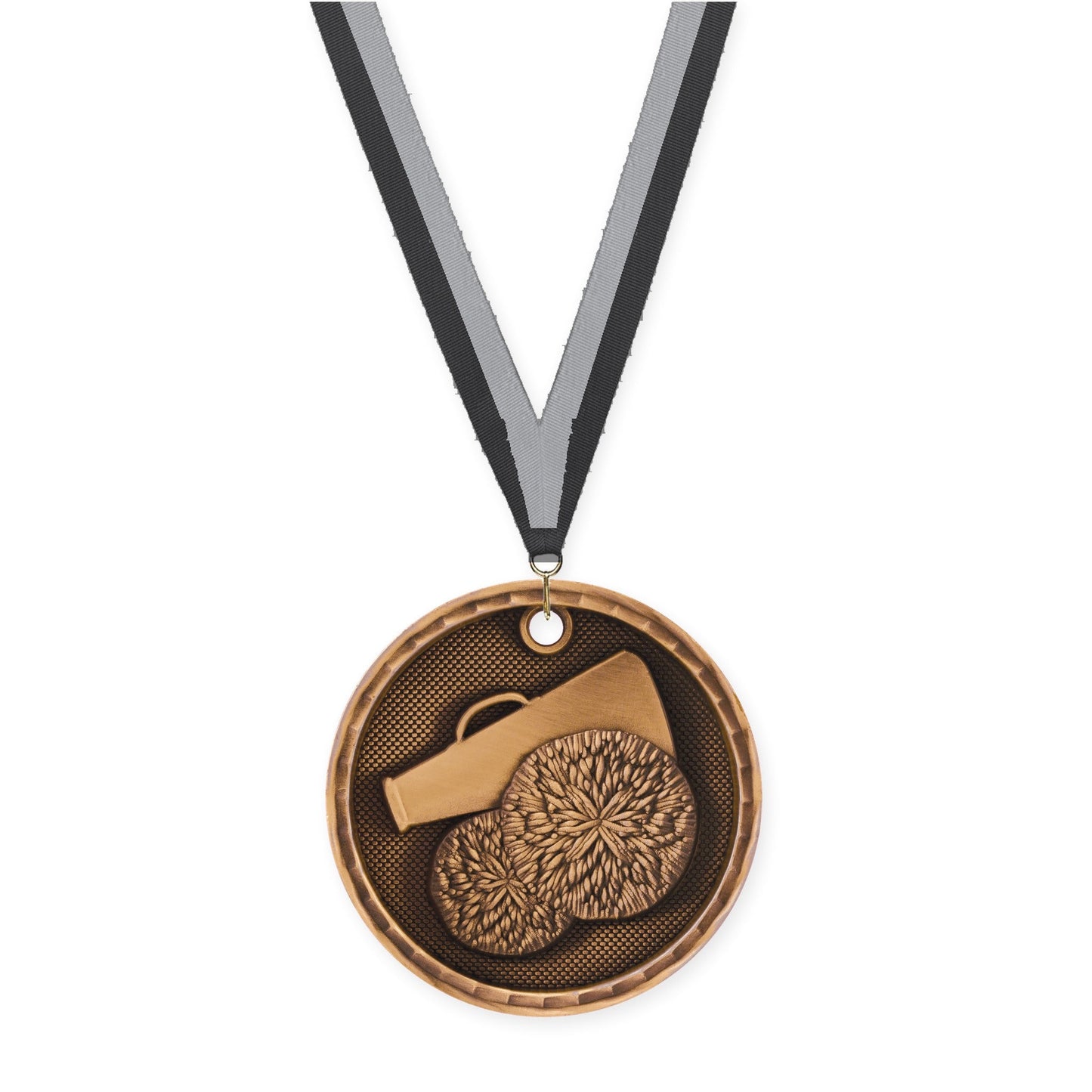 2 inch cheerleading 3-D medal in antique bronze with Black Gray neck ribbon