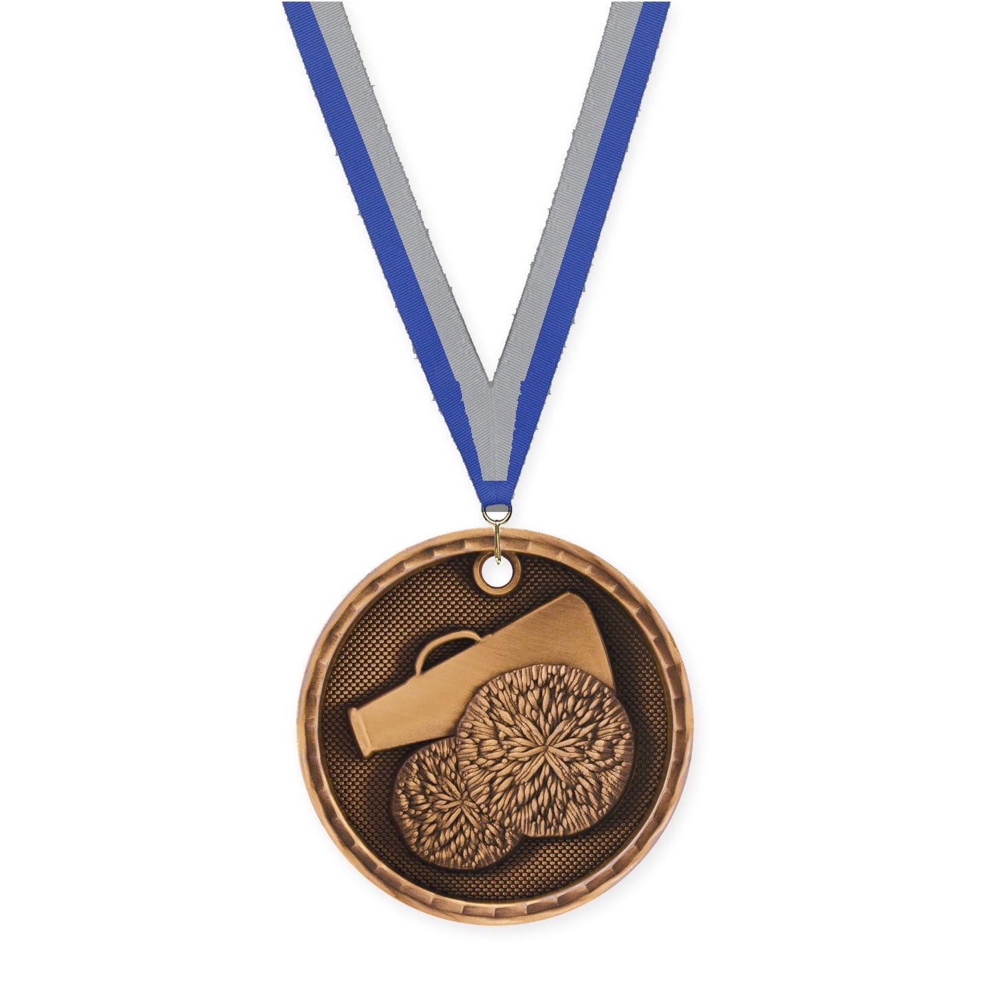2 inch cheerleading 3-D medal in antique bronze with Blue Gray neck ribbon