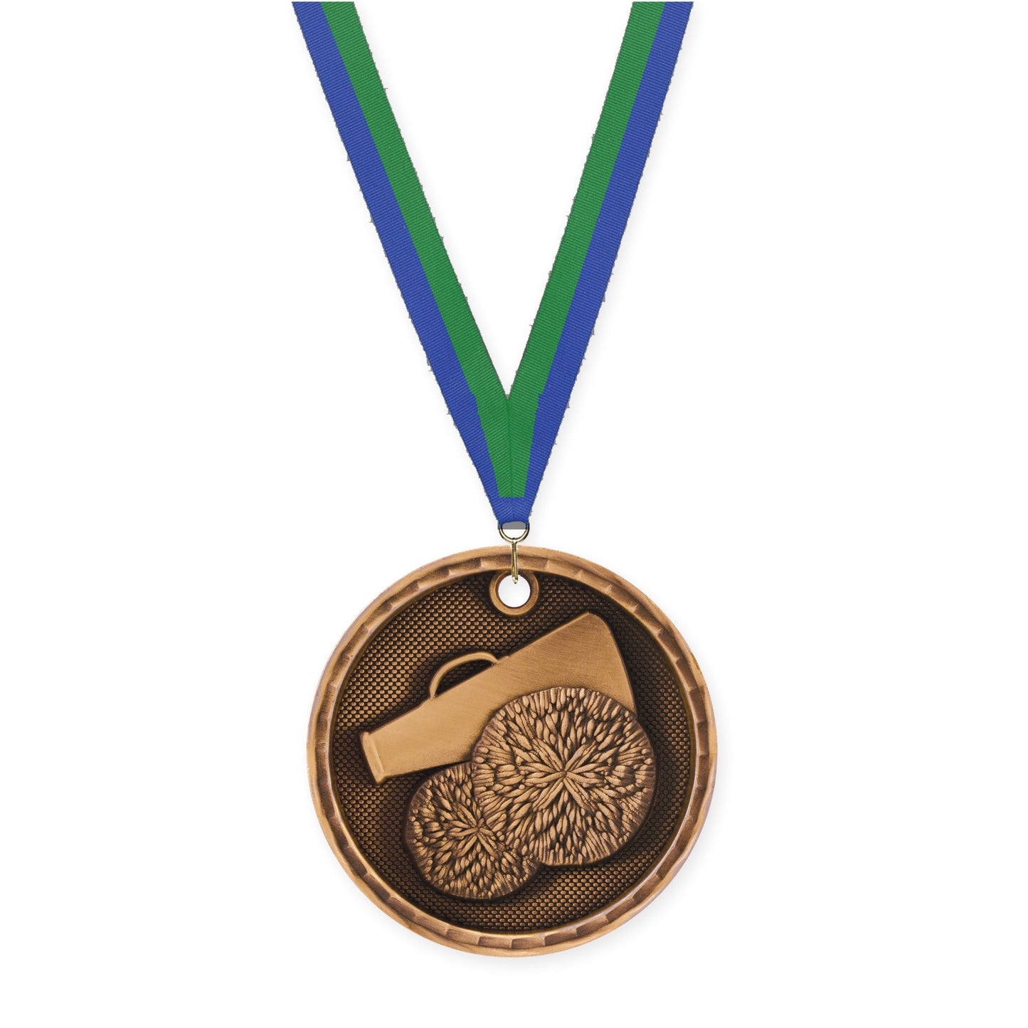 2 inch cheerleading 3-D medal in antique bronze with Blue Green neck ribbon
